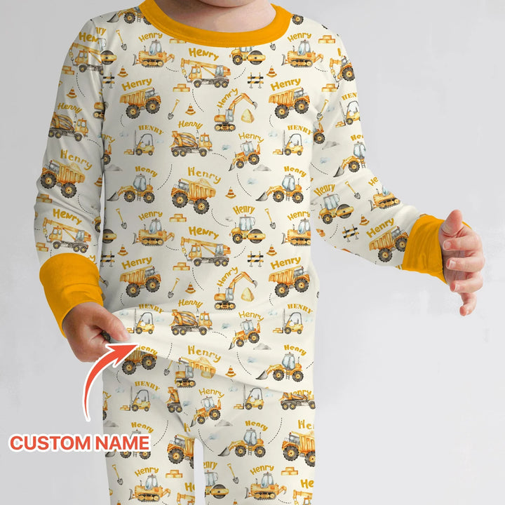 Constructions Machines Custom Name Bamboo Two Piece Long Sleeve Pajama Set