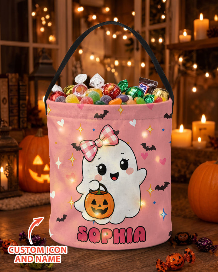 Cute Halloween Ghost Custom Name Led Light Bucket Bag