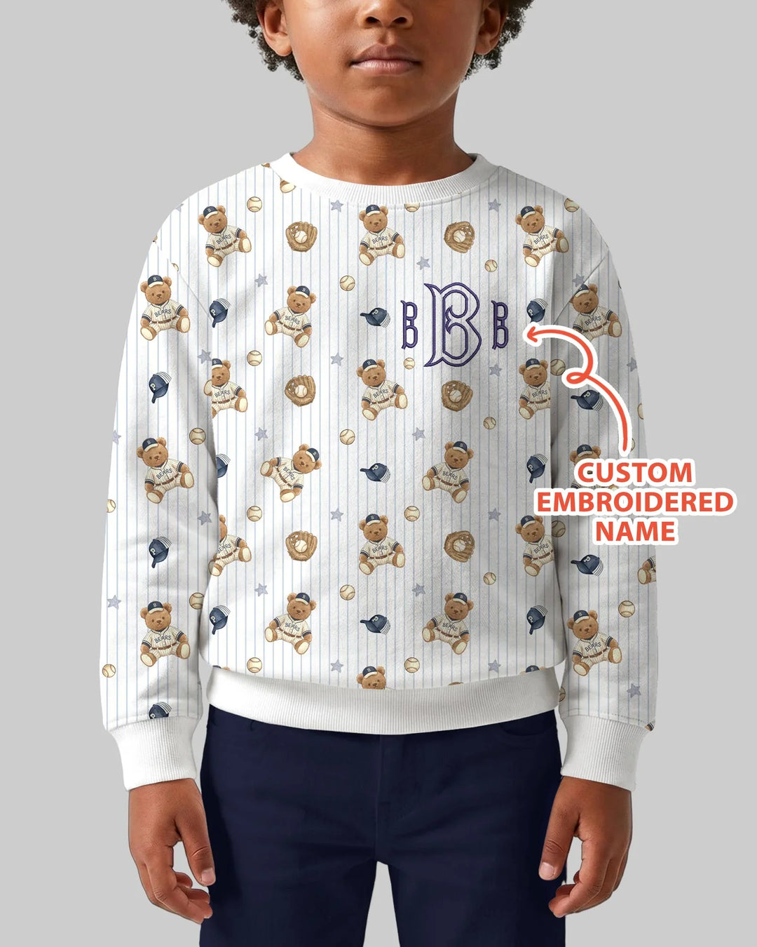 Personalisiertes besticktes Teddybär-Baseball-Baby-Bambus-Rundhals-Sweatshirt
