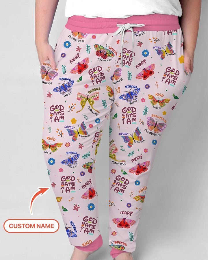 Personalisierter Name Gott sagt, ich bin ein Pyjama-Set für Damen mit Schmetterlings-Bambus