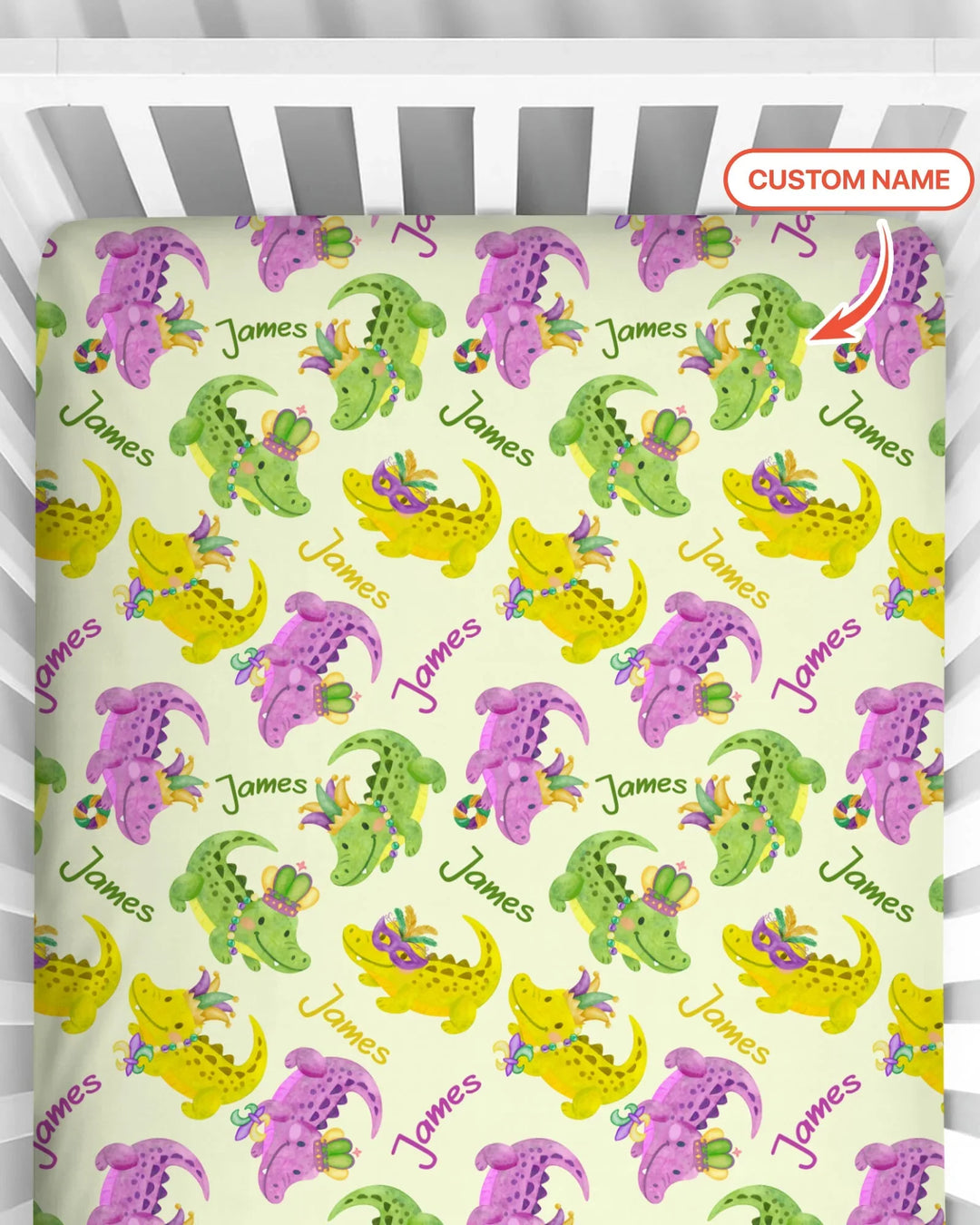 Custom Name Mardi Gras Alligator Bamboo Fitted Crib Sheet