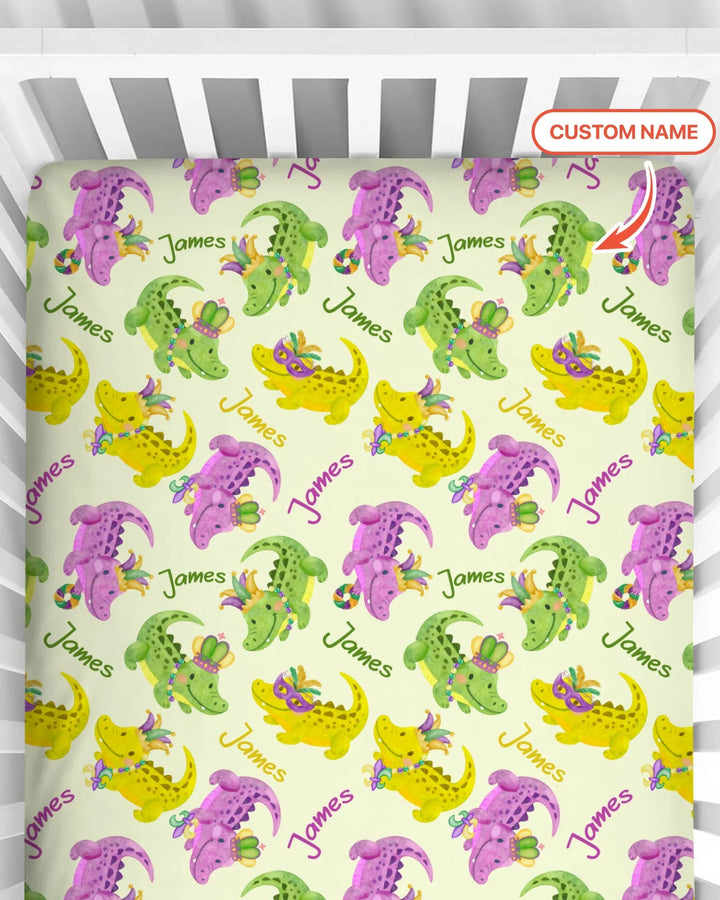 Custom Name Mardi Gras Alligator Bamboo Fitted Crib Sheet