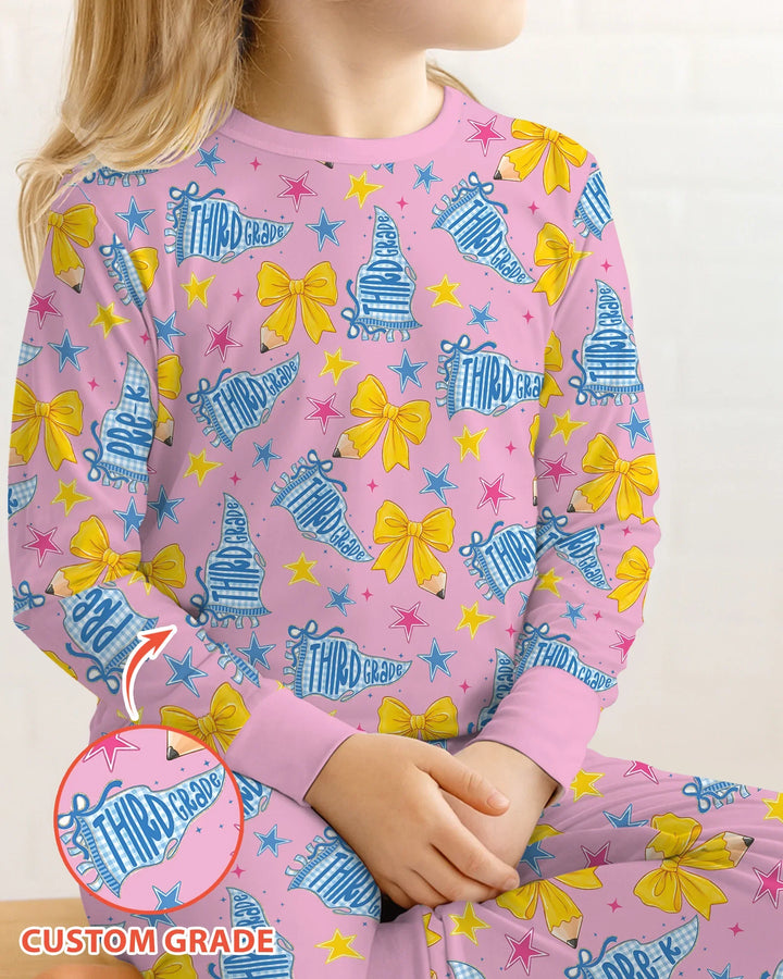 Pencil Bow Back To School Bamboo Two Piece Long Sleeve Pajama Set