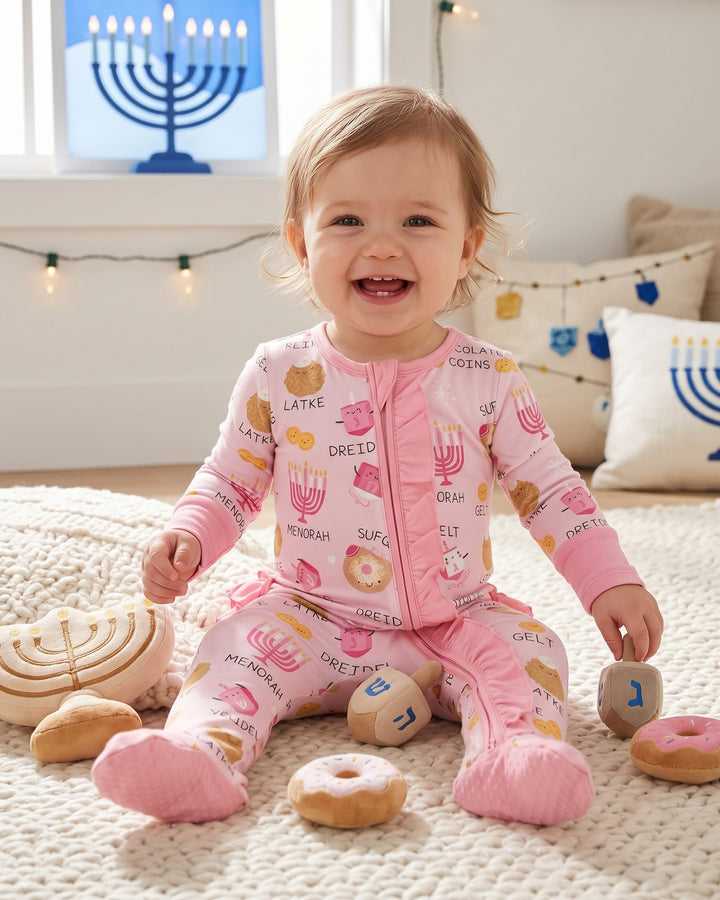 Family Hanukkah Matching Bamboo Zipper Ruffle Footie