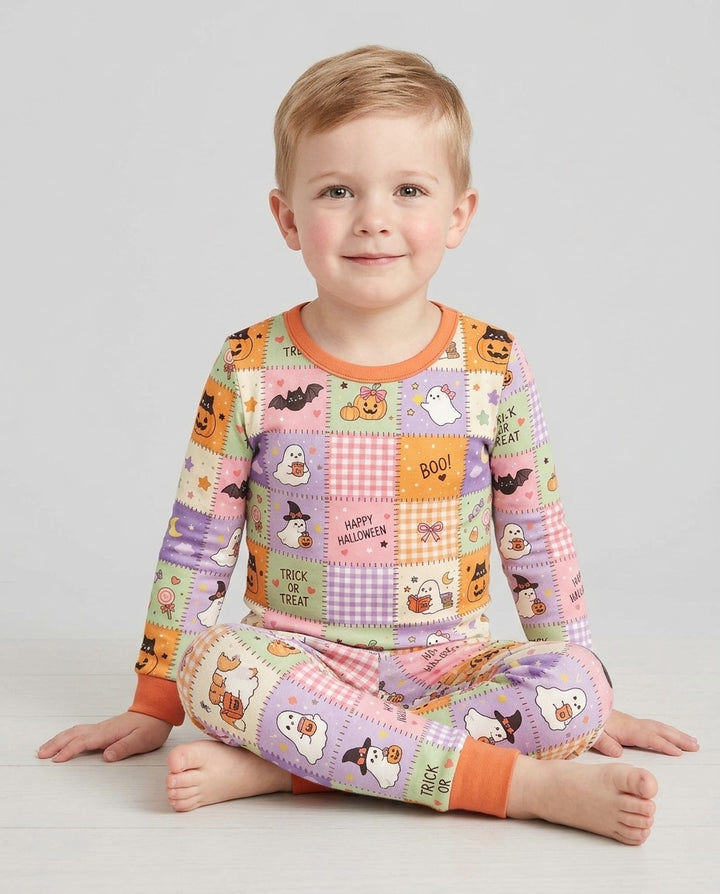 Cute Halloween Trick Or Treat Patchwork Bamboo Two Piece Long Sleeve Pajama Set