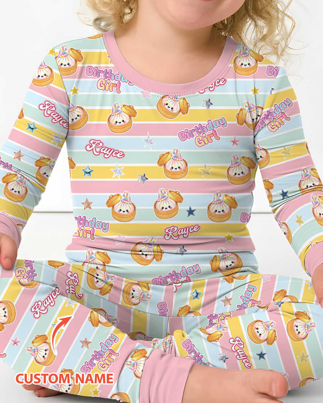 Custom Dumpling Birthday Girl  Bamboo Two Piece Long Sleeve Pajama Set