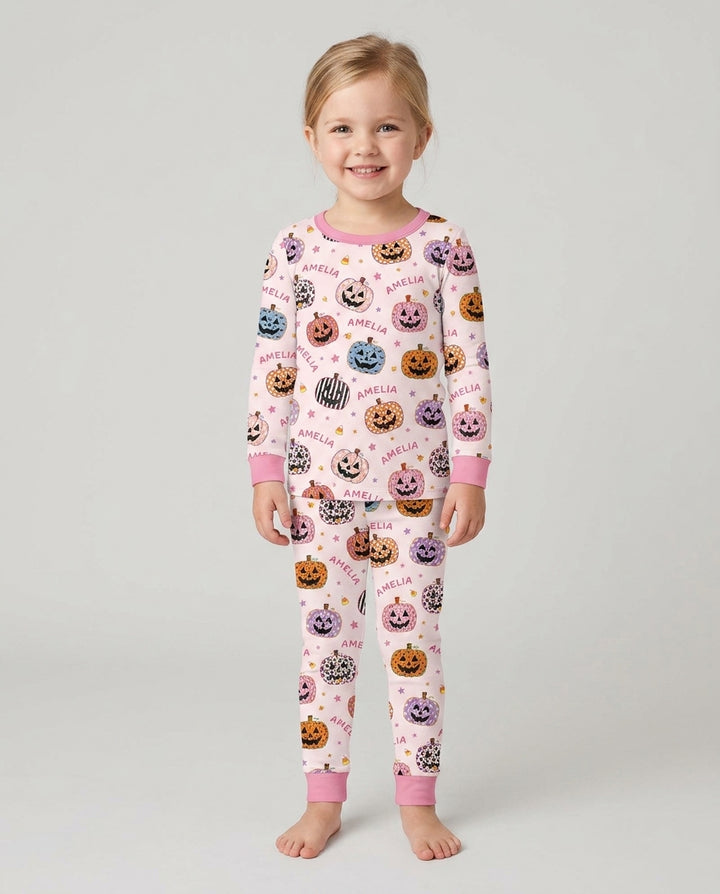 Custom Name Colorful Jack O Lantern Bamboo Two Piece Long Sleeve Pajama Set