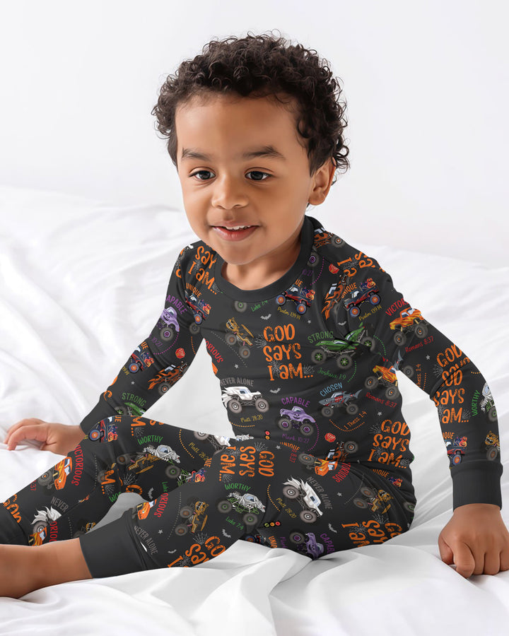 God Says I Am BOY Halloween Monster Truck  Bamboo Two Piece Long Sleeve Pajama Set