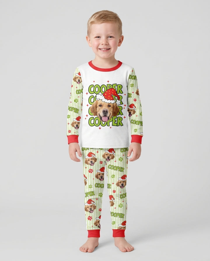 Personalized Pink Santa Dog Bamboo Two Piece Long Sleeve Pajama Set
