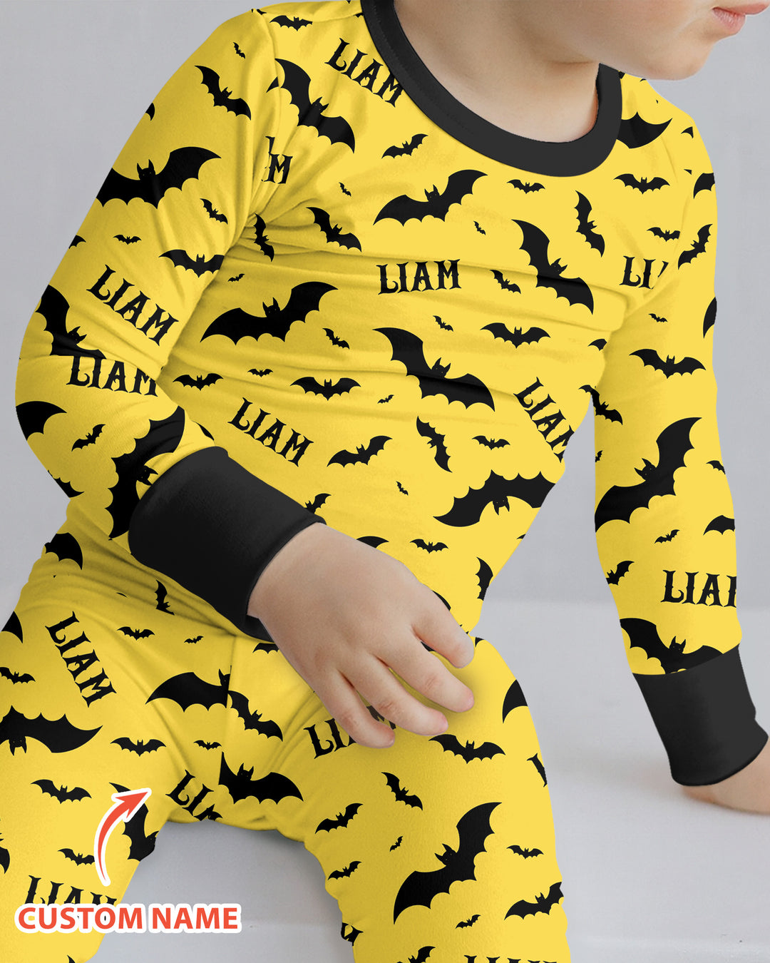 Black Bat Halloween Custom Name Bamboo Two Piece Long Sleeve Pajama Set