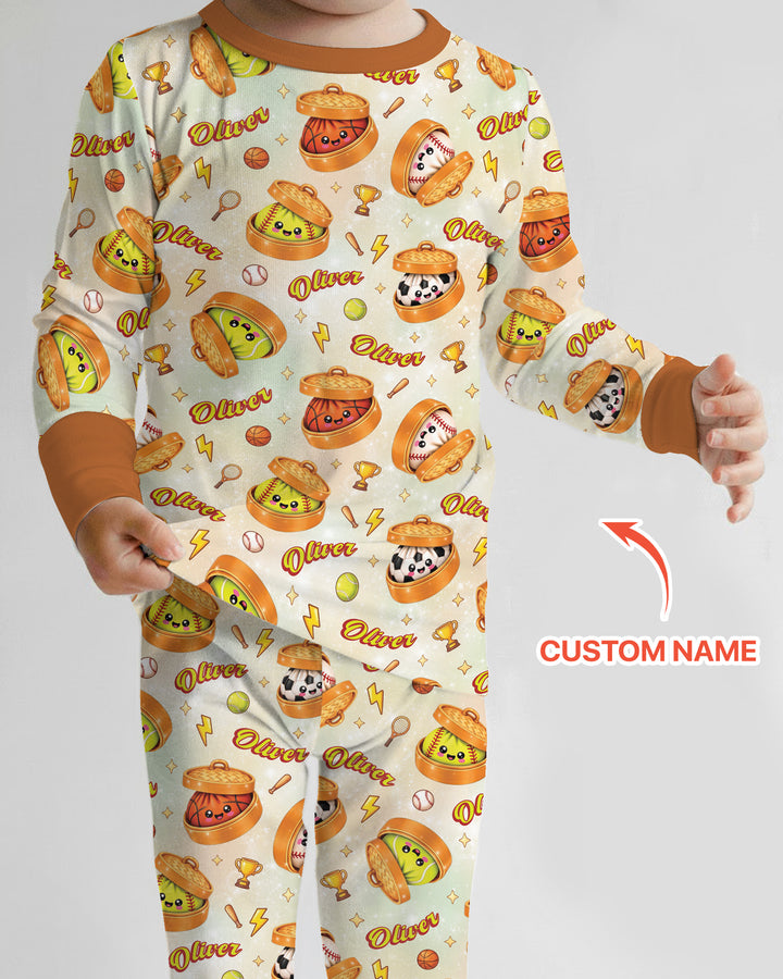 Custom Name Sports Dumpling Bamboo Two Piece Long Sleeve Pajama Set