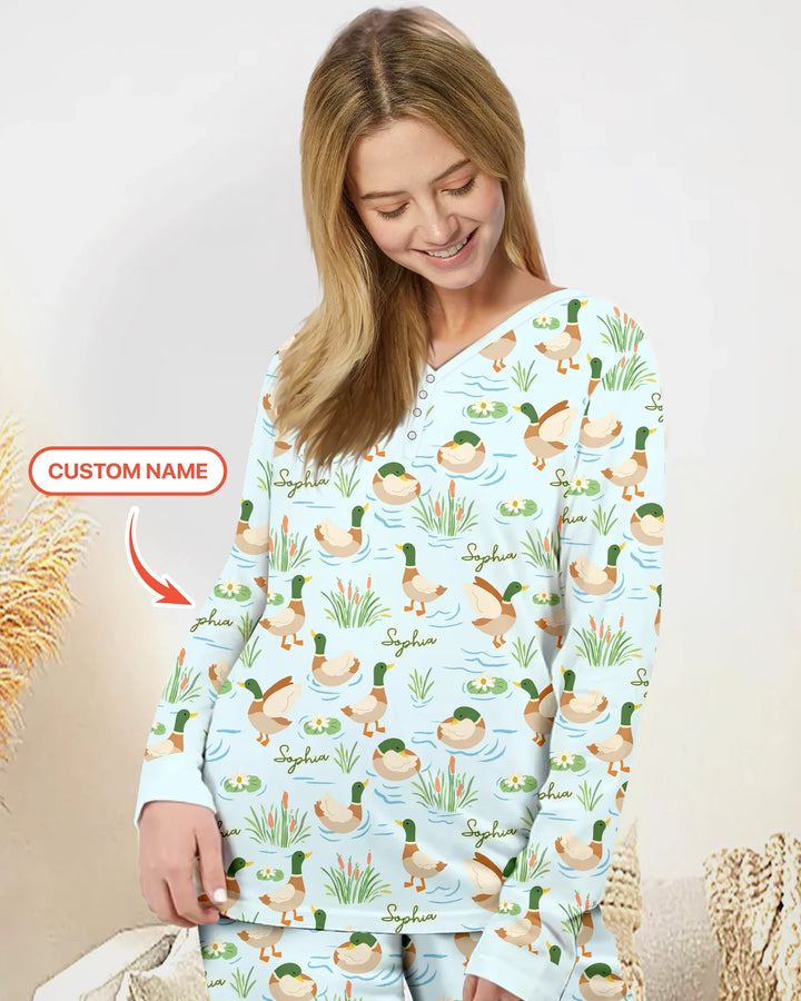 Personalisiertes Pyjama-Set für Damen aus Bambus mit Stockentenmuster