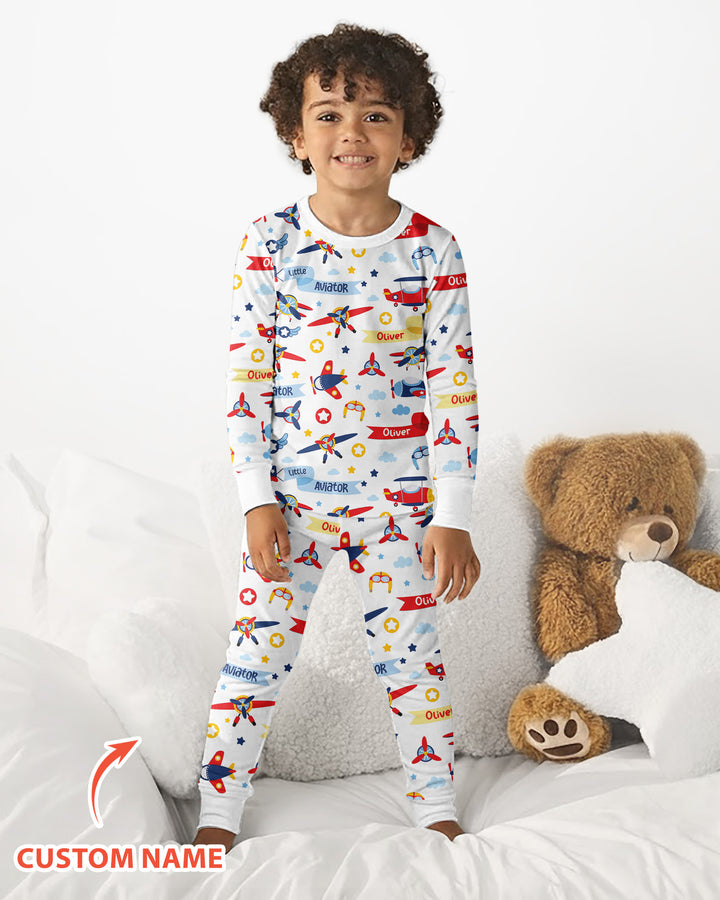 Our Little Aviator Custom Name Bamboo Two Piece Long Sleeve Pajama Set