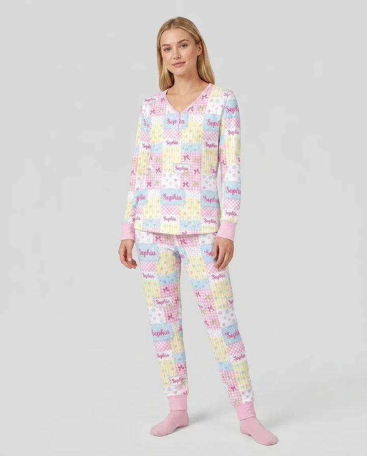 Custom Name Sweet Patchwork Bamboo Women Pajama Set