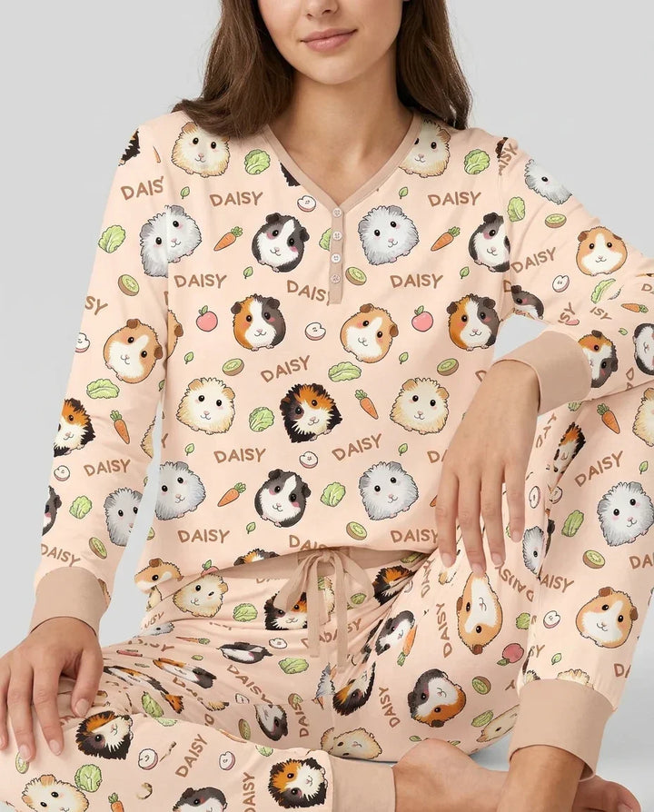 Individueller Name Süße Meerschweinchen Bambus Pyjama-Set für Damen