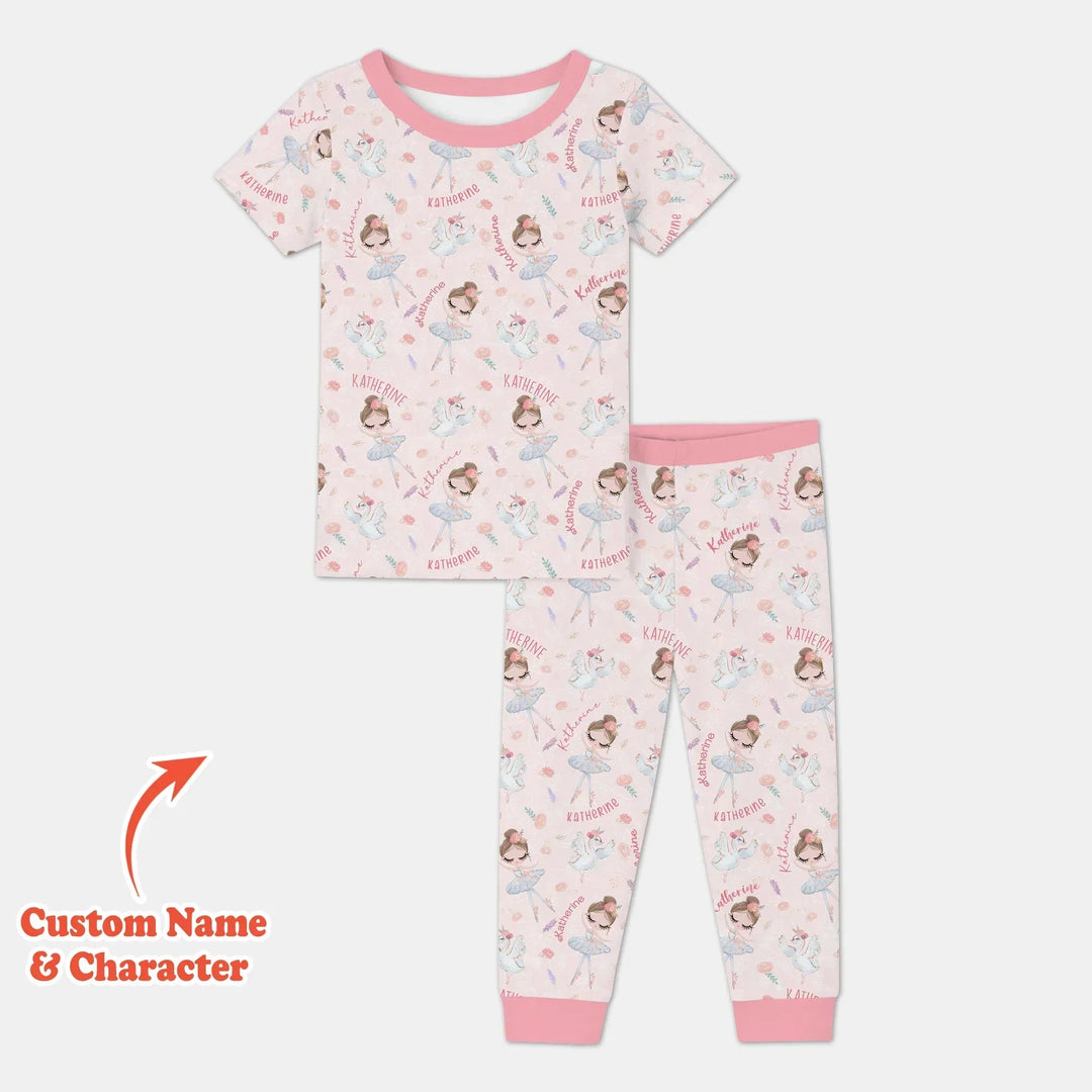 Custom Name Ballerina Doll Bamboo Two Piece Short Sleeve Pajama Set
