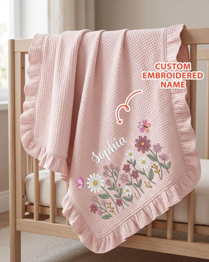 Custom Name With Flower Embroidered Waffle Ruffle Bamboo Blanket