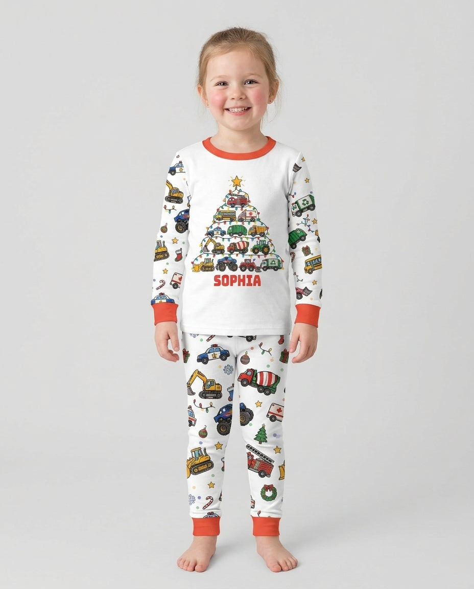 Custom Name Little Trucks Christmas Tree Bamboo Two Piece Long Sleeve Pajama Set