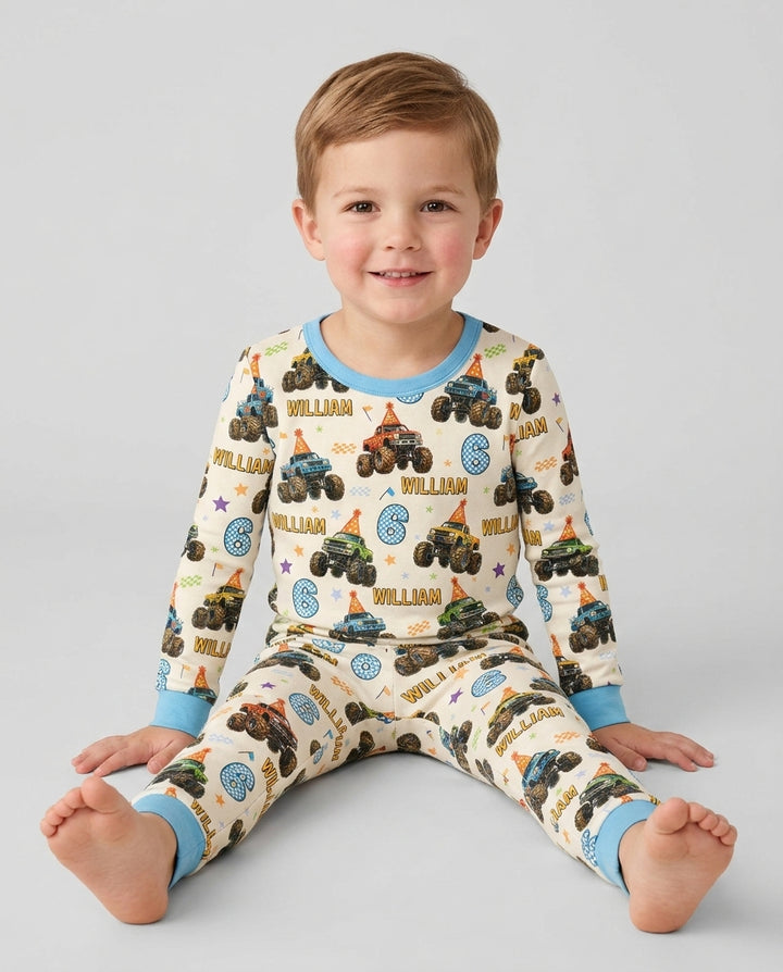 Custom Name Birthday Boy Monster Truck Bamboo Two Piece Long Sleeve Pajama Set