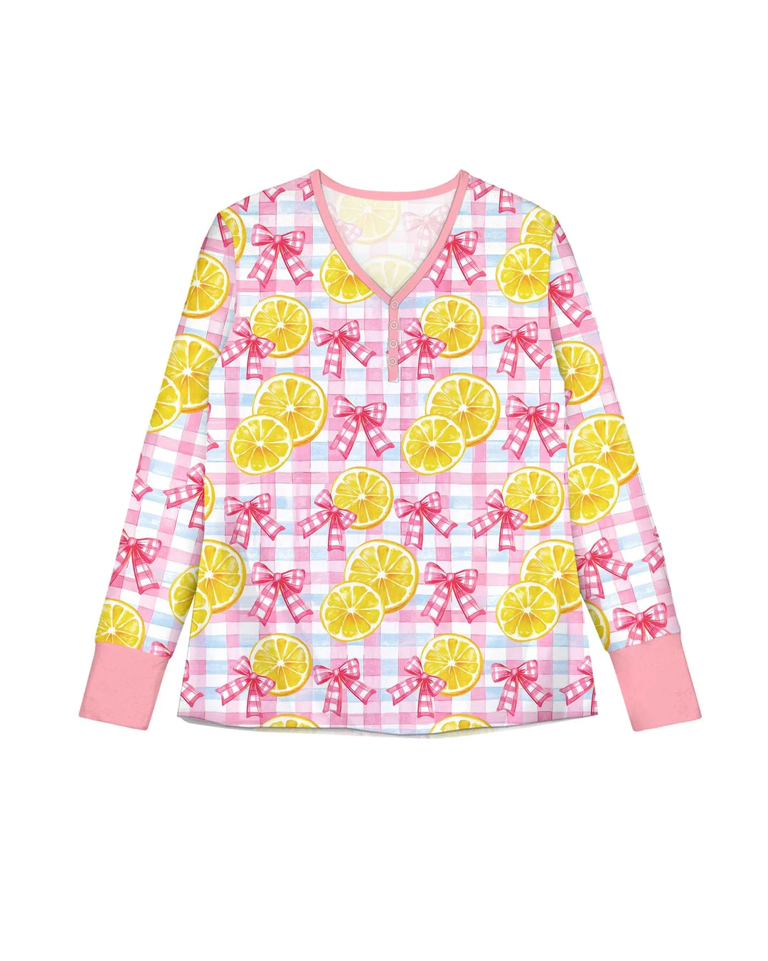 Pink Lemons Schleifen Kariertes Bambus Damen Schlafanzug Set