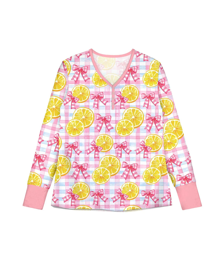 Pink Lemons Schleifen Kariertes Bambus Damen Schlafanzug Set