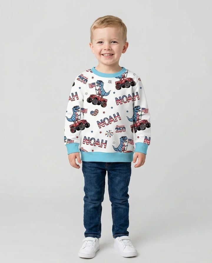 Custom Name American Flag Dinosaur Bamboo Crewneck Sweatshirt