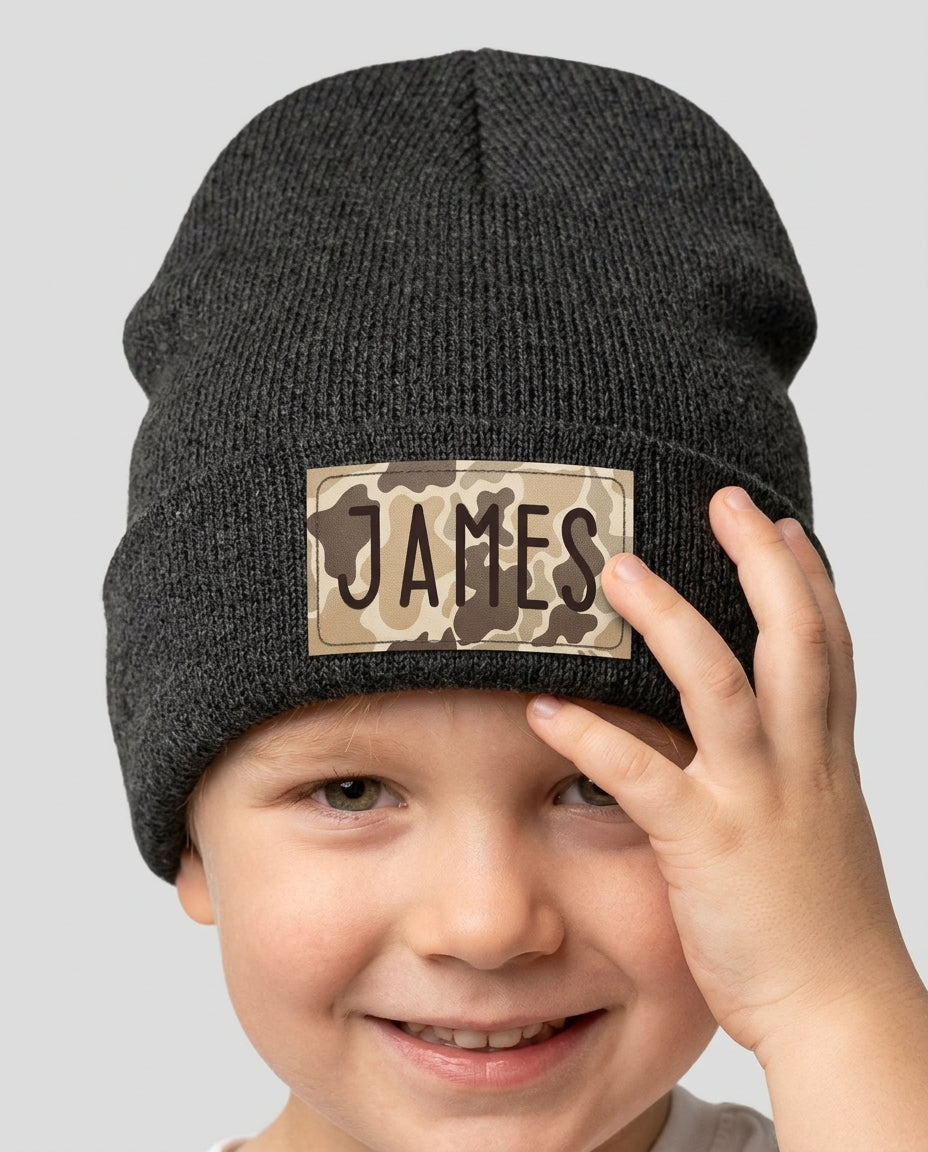 Custom Name Camo Leather Patch Beanie