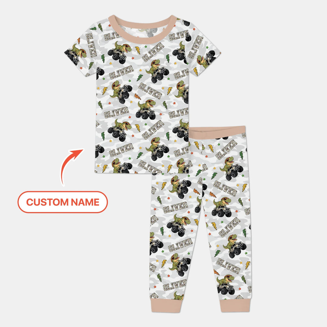 Custom Name Camo Trucker Dino Bamboo Two Piece Short Sleeve Pajama Set