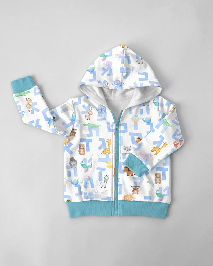 Tier-Alphabet-Kapuzenpullover aus Bambus mit Reißverschluss (Hebräisch)