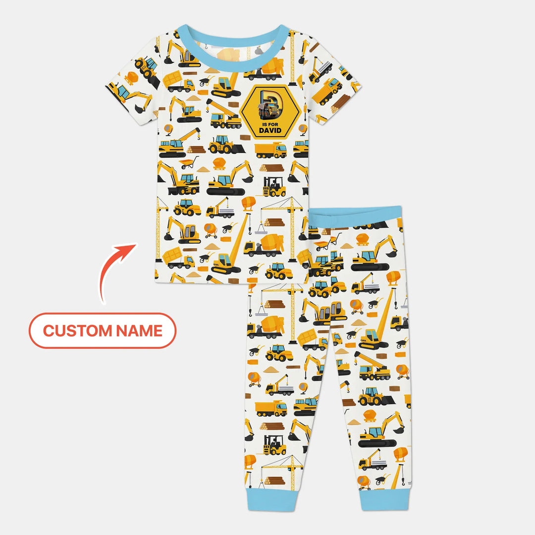 Custom Name Construction Initials Bamboo Two Piece Short Sleeve Pajama Set