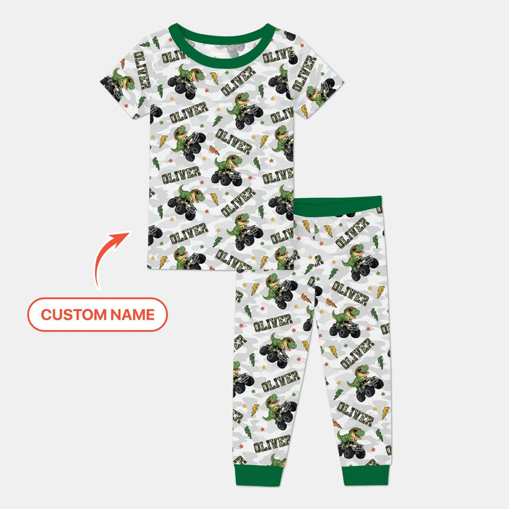 Custom Name Camo Trucker Dino Bamboo Two Piece Short Sleeve Pajama Set