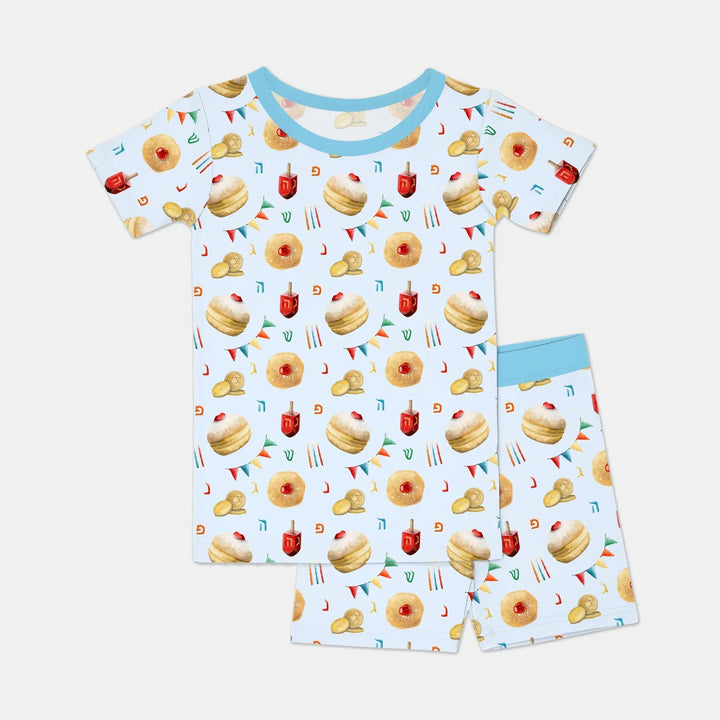 Hanukkah Donuts Two Piece Short Sleeve Shorts Pajama Set , Hanukkah Donuts Two Piece Short Sleeve Shorts Pajama Set - 12-18M / Blue