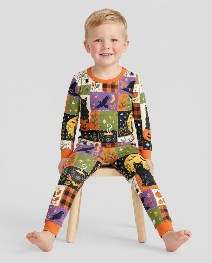 Halloween Black Cat Patchwork Bamboo Two Piece Long Sleeve Pajama Set
