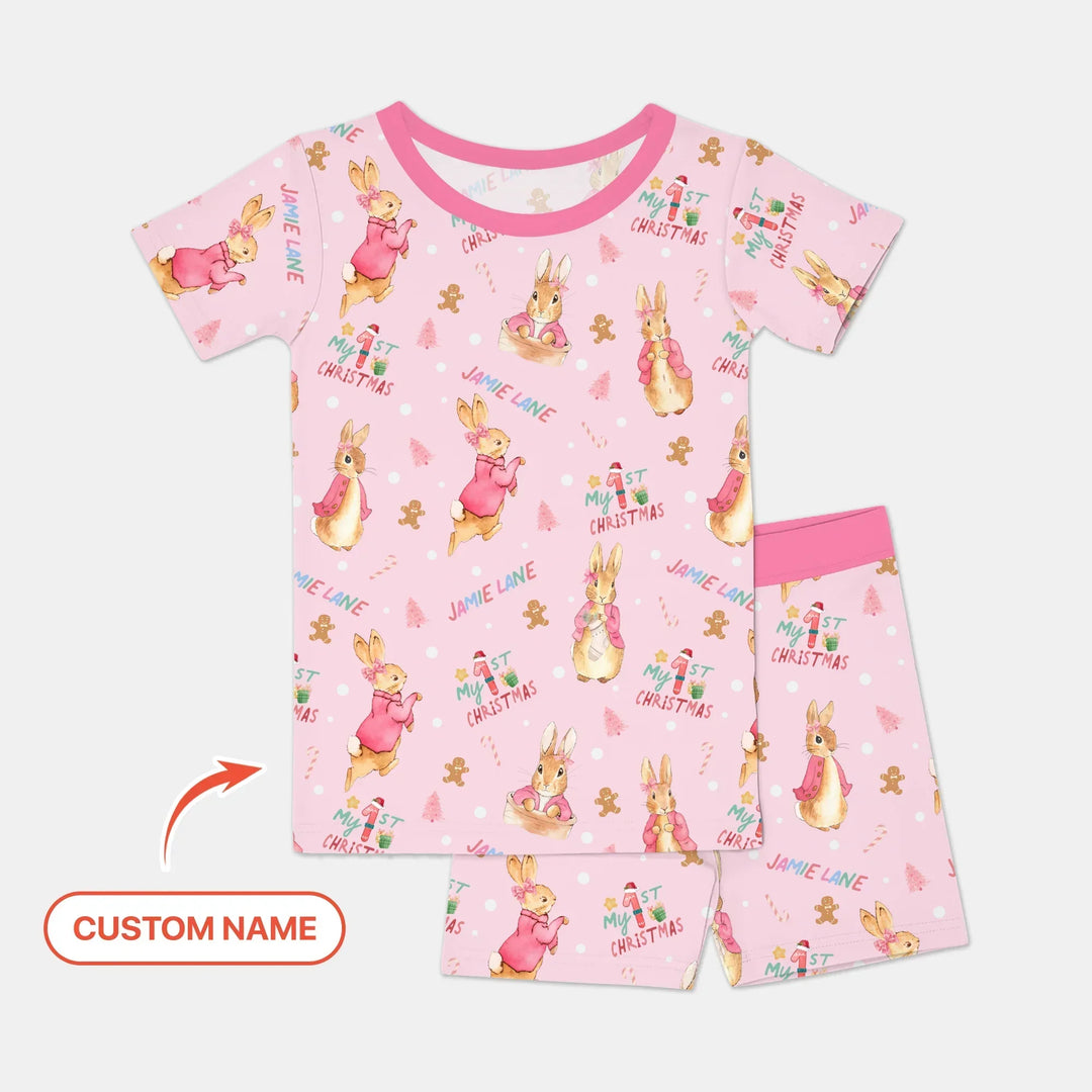 Custom 1st Christmas Rabbit Two Piece Short Sleeve Shorts Pajama Set , Custom 1st Christmas Rabbit Two Piece Short Sleeve Shorts Pajama Set - 12-18M