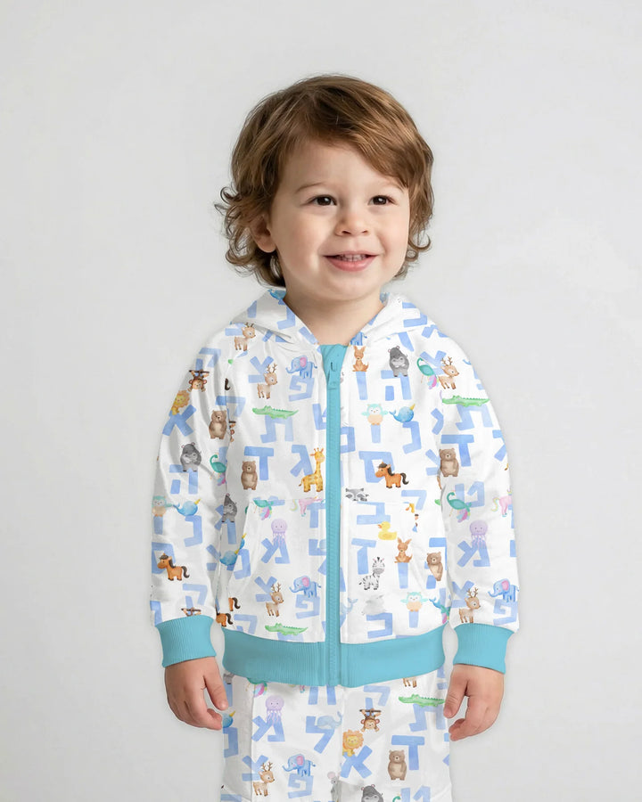 Tier-Alphabet-Kapuzenpullover aus Bambus mit Reißverschluss (Hebräisch)