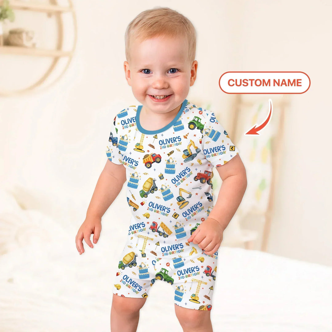 Custom Name Little Builder's Birthday Bamboo Two Piece Short Sleeve Shorts Pajama Set