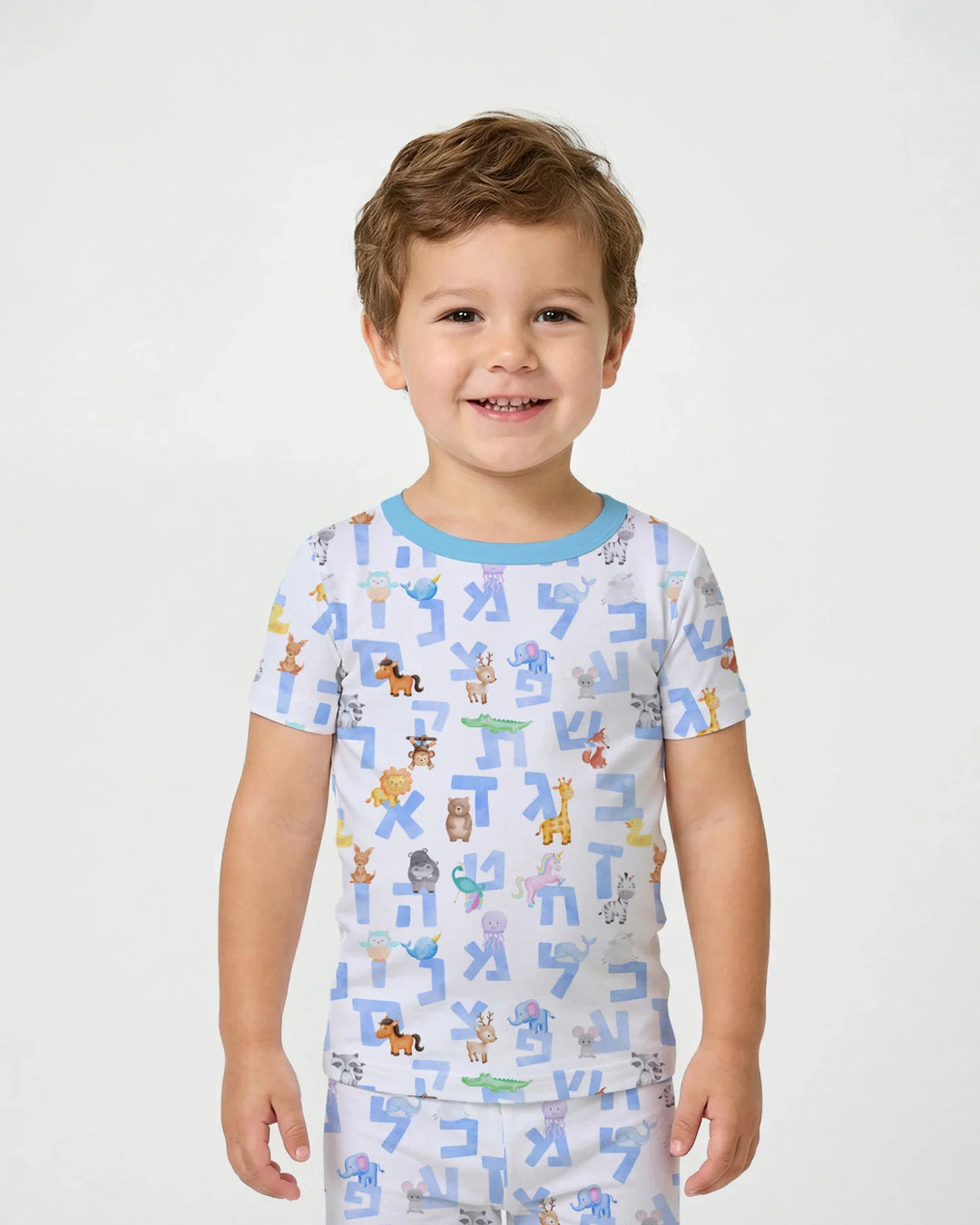 Hebrew Animal Alphabet Bamboo Two Piece Short Sleeve Pajama Set