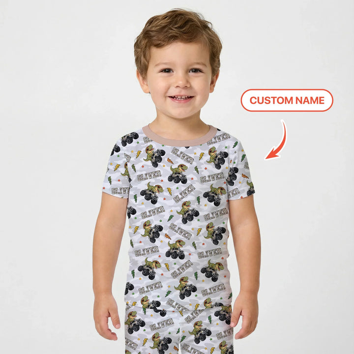 Custom Name Camo Trucker Dino Bamboo Two Piece Short Sleeve Pajama Set