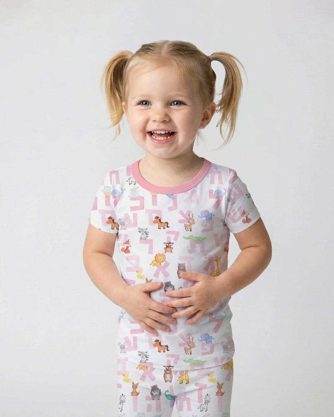 Hebrew Animal Alphabet Bamboo Two Piece Short Sleeve Pajama Set