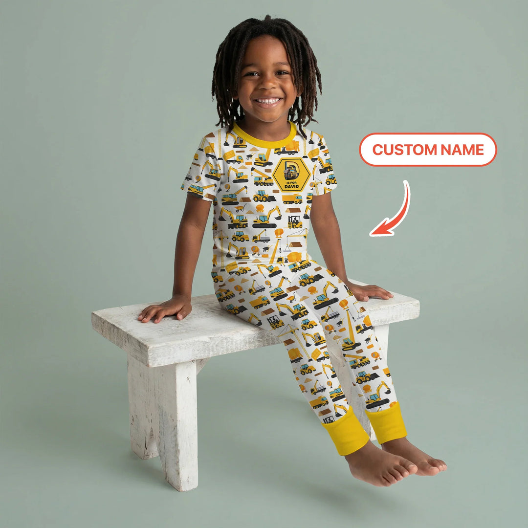 Custom Name Construction Initials Bamboo Two Piece Short Sleeve Pajama Set