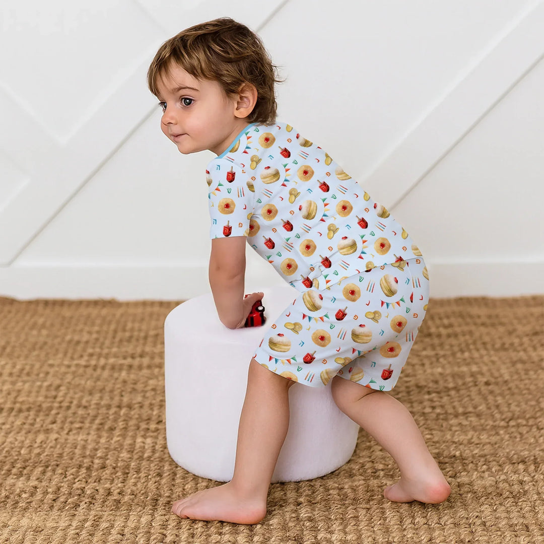 Hanukkah Donuts Two Piece Short Sleeve Shorts Pajama Set , Hanukkah Donuts Two Piece Short Sleeve Shorts Pajama Set - 12-18M / Blue