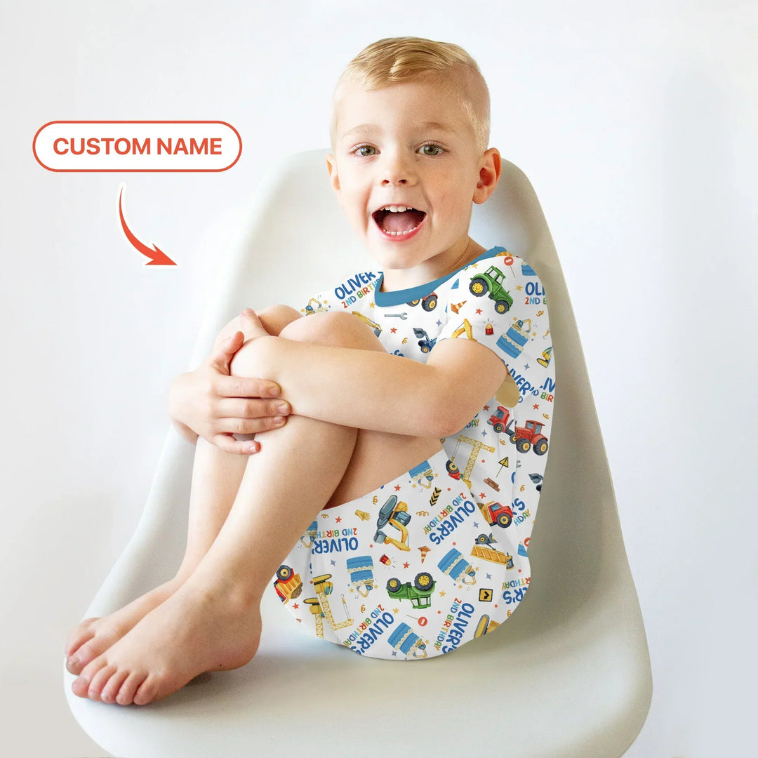Custom Name Little Builder's Birthday Bamboo Two Piece Short Sleeve Shorts Pajama Set