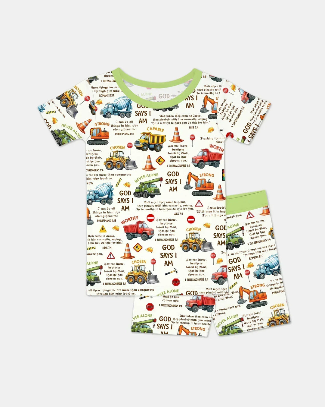 Bible Verse Construction Trucks Bamboo Two Piece Short Sleeve Shorts Pajama Set