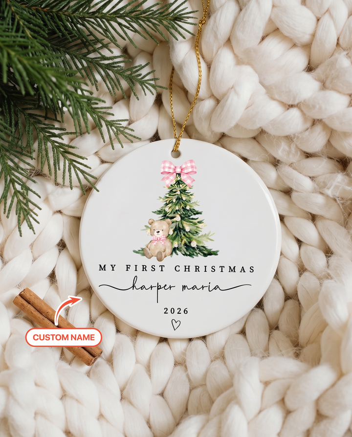 Custom Name First Christmas Teddy Bear Ceramic Ornament