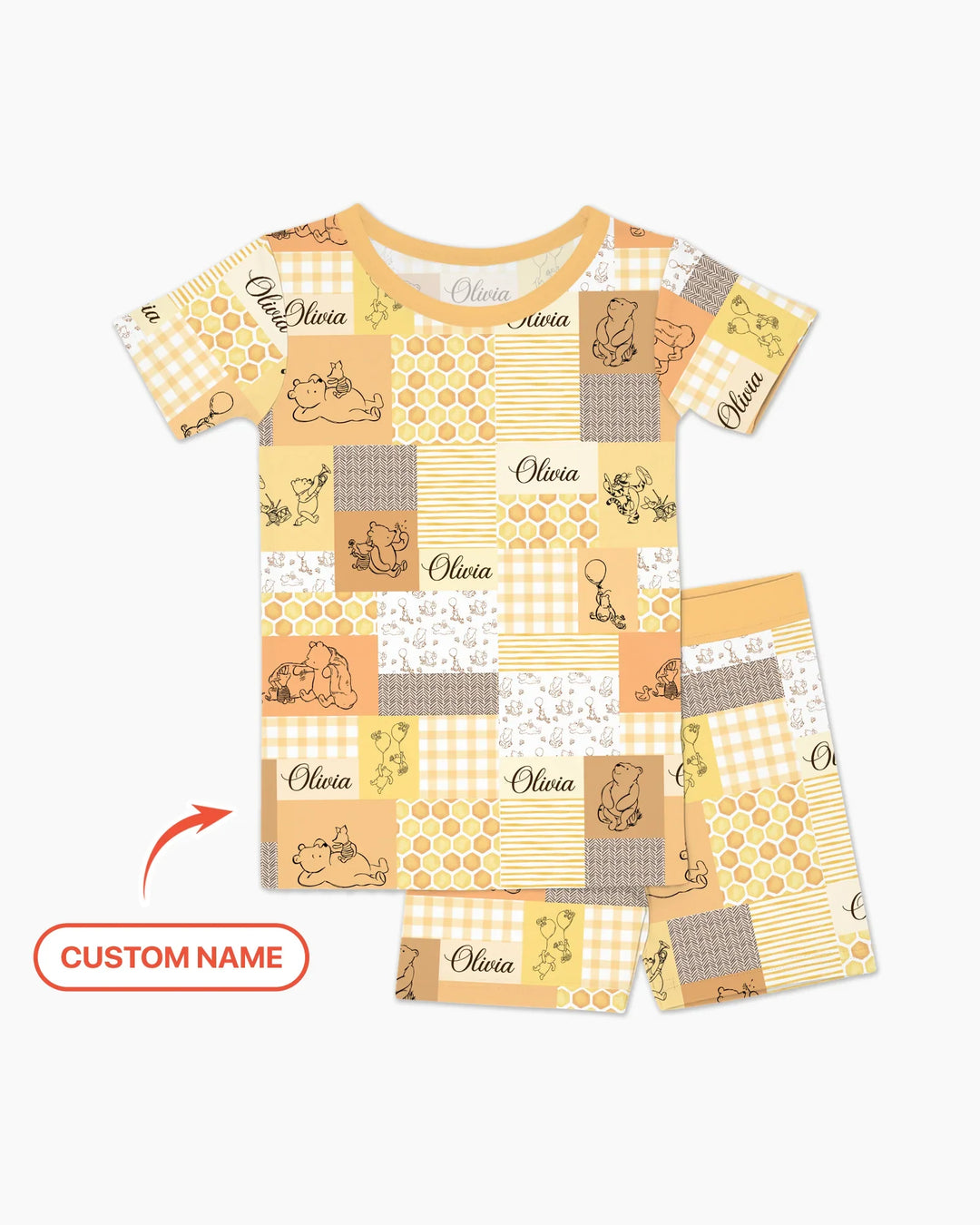 Personalized Classic Bear Patchwork  Bamboo Two Piece Short Sleeve Shorts Pajama Set