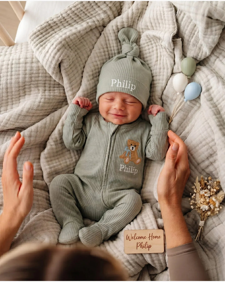 Personalized Teddy Bear Embroidered Ribbed Bamboo Welcome Home Bundle