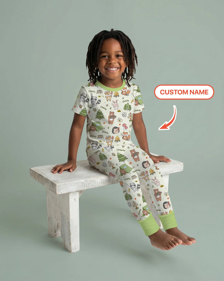Custom Name Little Camp Buddies Bamboo Two Piece Short Sleeve Pajama Set