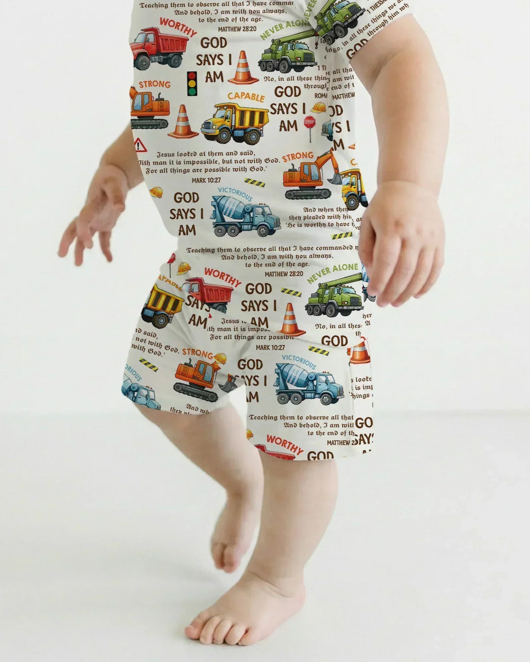 Bible Verse Construction Trucks Bamboo Two Piece Short Sleeve Shorts Pajama Set