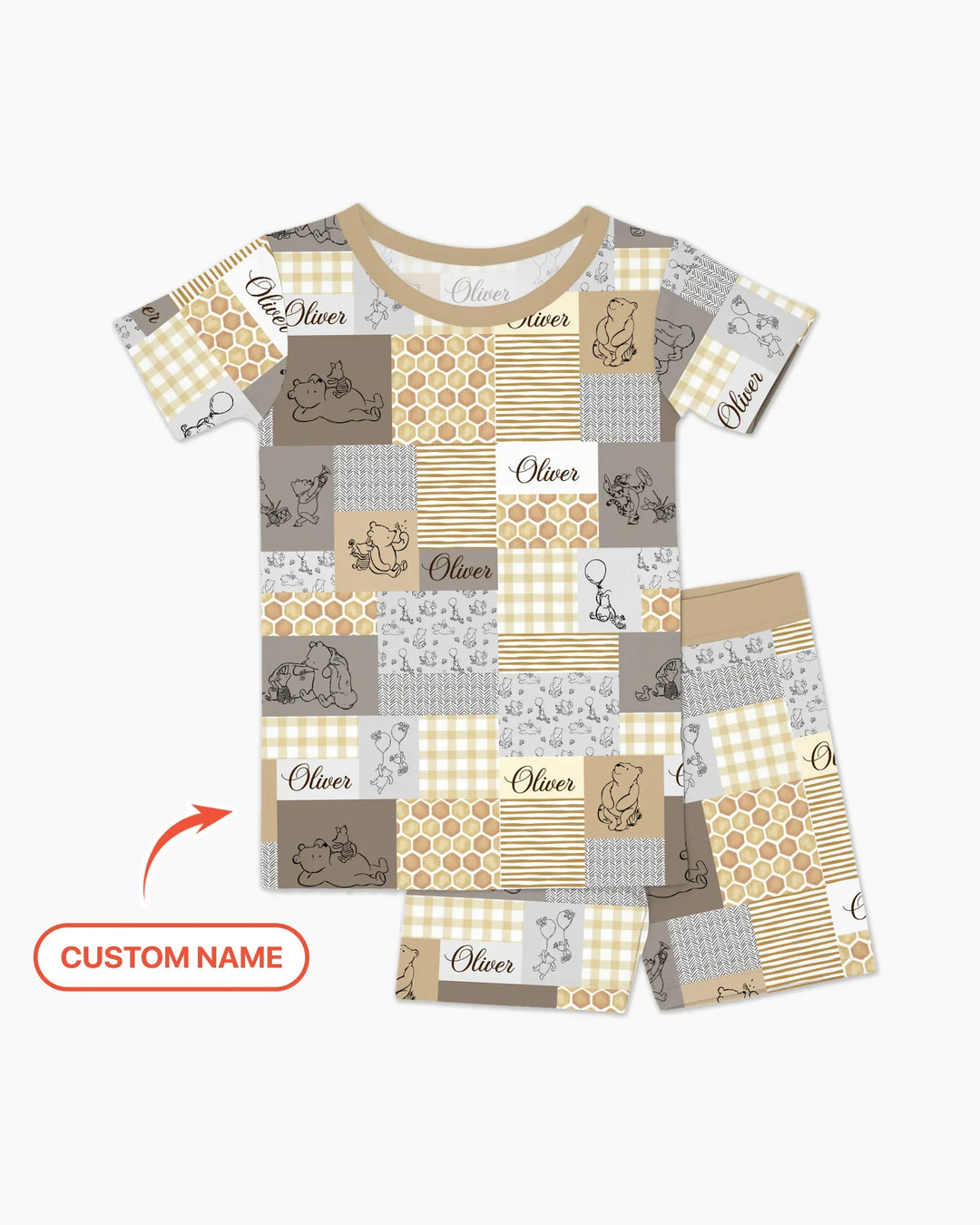 Personalized Classic Bear Patchwork  Bamboo Two Piece Short Sleeve Shorts Pajama Set
