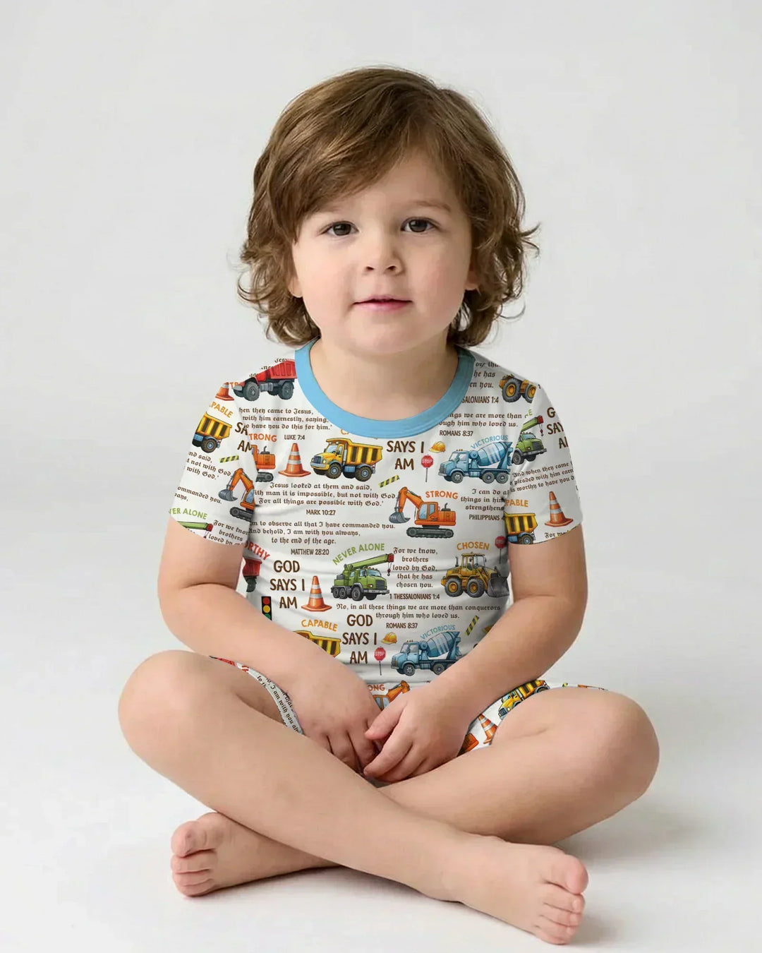 Bible Verse Construction Trucks Bamboo Two Piece Short Sleeve Shorts Pajama Set